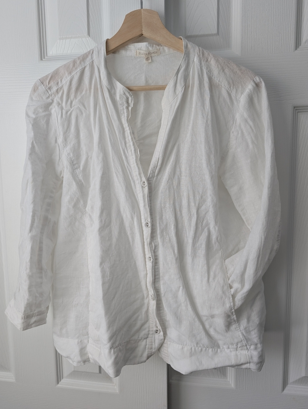 Eileen Fisher 100% linen White Button-Up Linen Shirt Pockets 3/4, size S